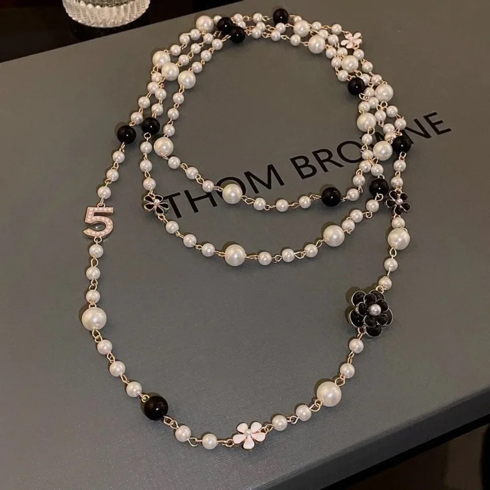 New Pearl Camellia Number5 Flower Double Long Necklace